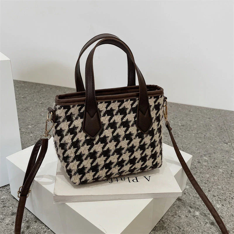 Stylish houndstooth shoulder bags in various colors, featuring a spacious square shape, adjustable strap, and classic checkerboard pattern.