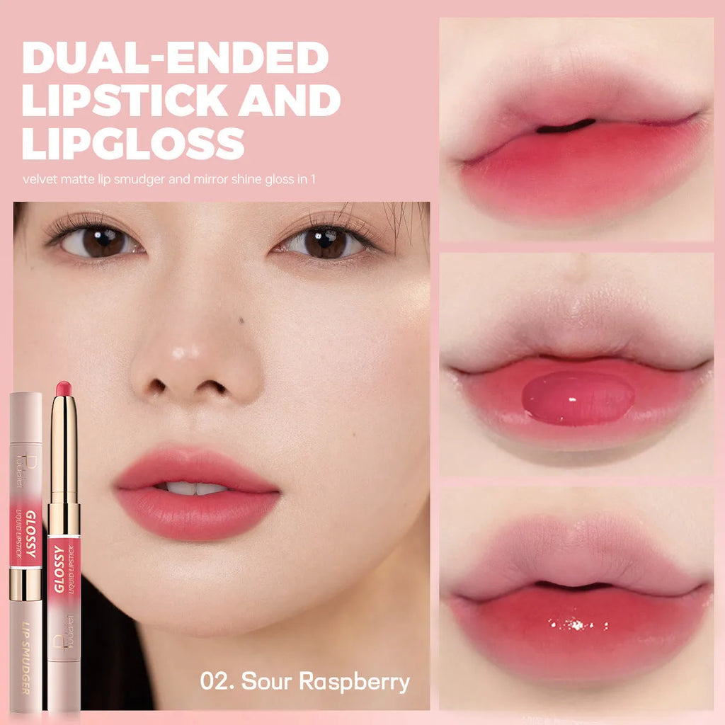 Double-headed lipstick with matte and glossy ends in ten colour options