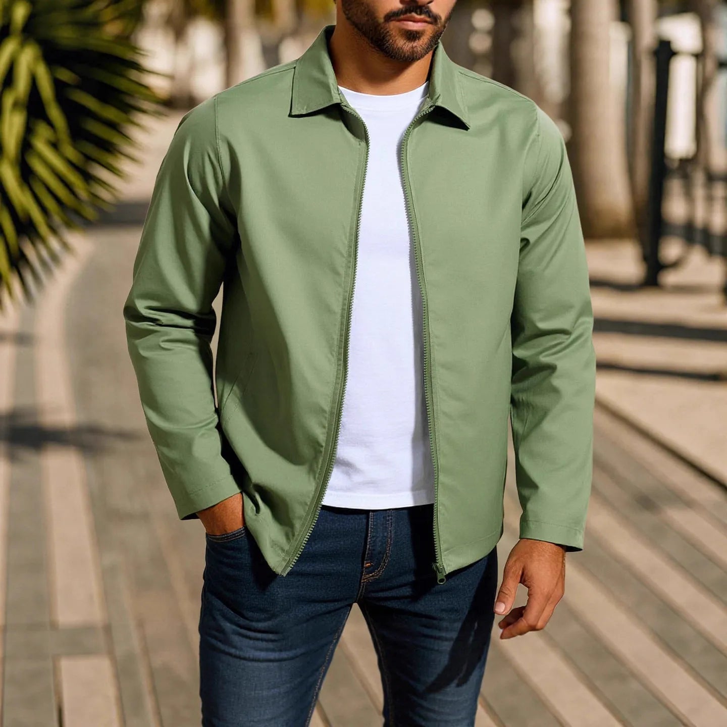 Men's zip-front cardigan jacket with raglan sleeves shown in emerald green, khaki, black, and navy blue colour options.