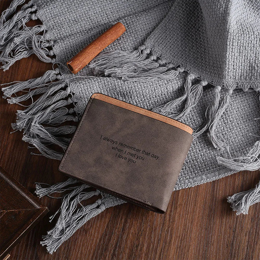 Coffee brown PU leather horizontal wallet with custom photo engraving and lettering, shown next to a card for scale.