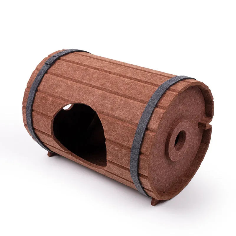 Assembled wine barrel pet bed made from three grey felt panels, forming a circular cat nest.