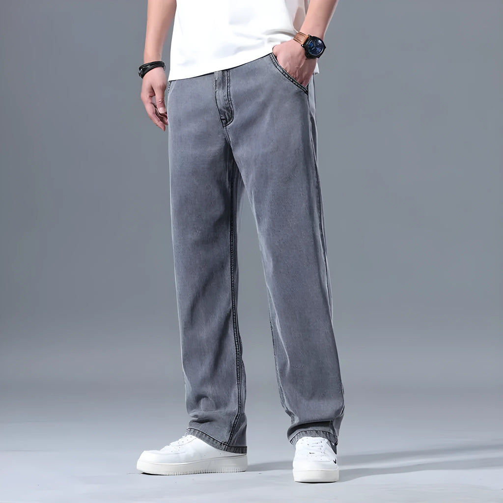 Men's loose straight-leg lyocell jeans in light blue, blue grey, smoky grey or retro blue