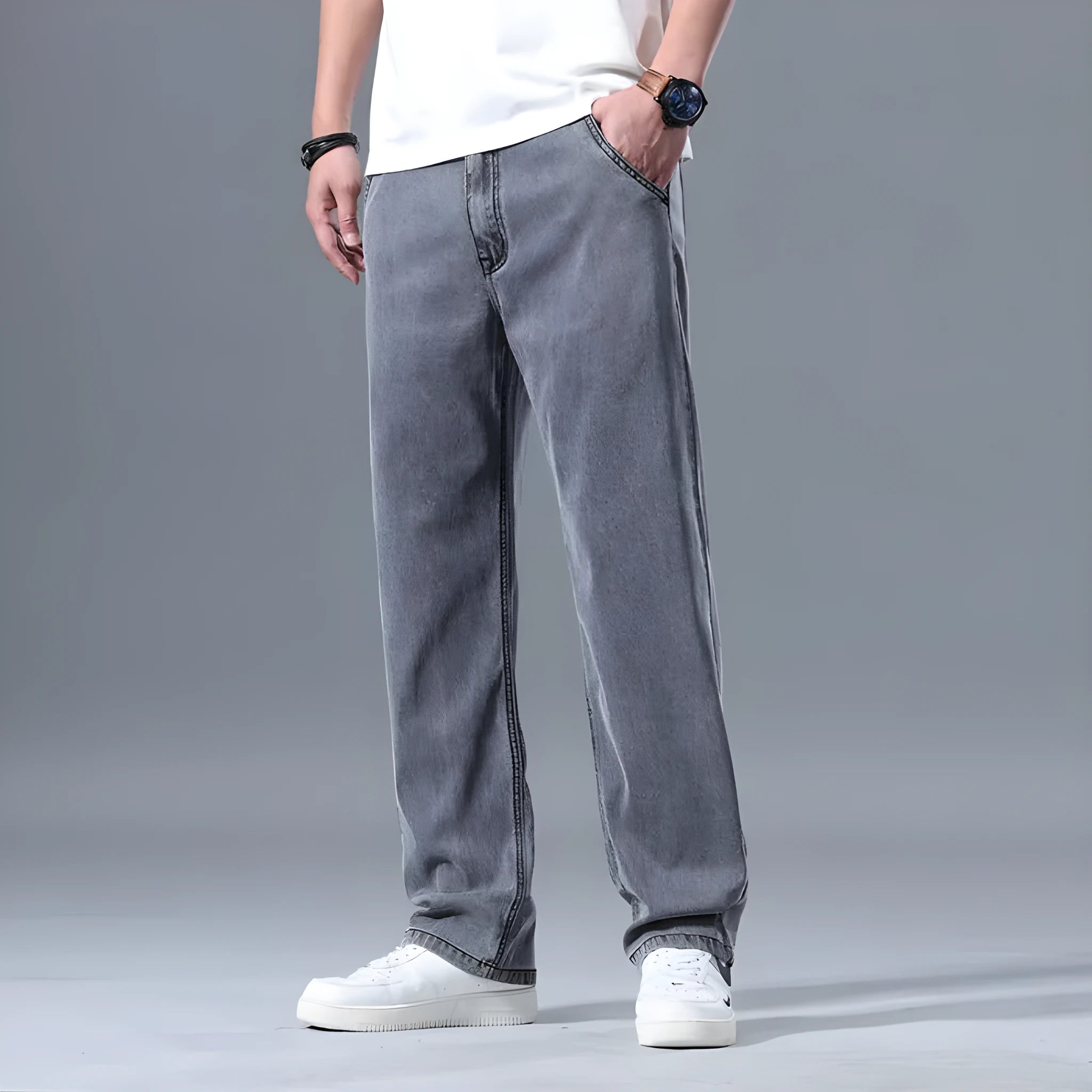 Men's loose straight-leg lyocell jeans in light blue, blue grey, smoky grey or retro blue
