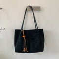 Large capacity suede tote bag in horizontal square shape with single shoulder strap, available in green with matching pendant