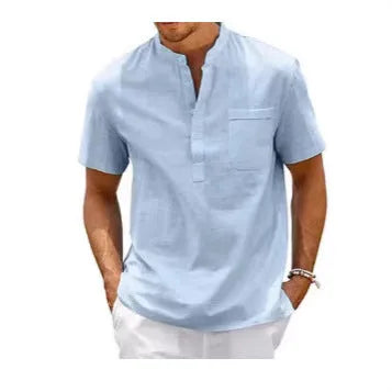 Men's solid colour polo shirt with stand collar and short sleeves in thin summer fabric