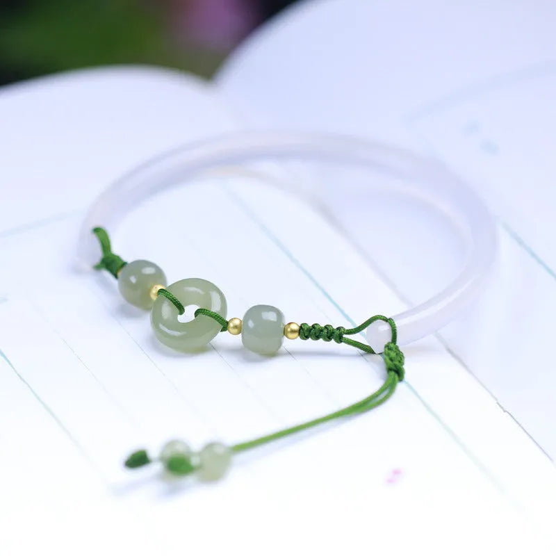 Hand-woven half bracelet with Hetian jade beads and peace buckle clasp in white agate colour