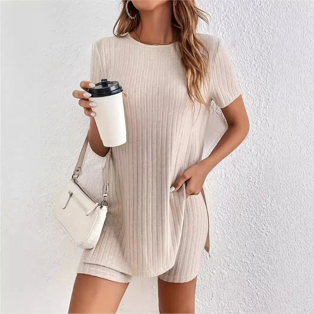 Women's cotton crew neck shorts suit in grey with half sleeve top and matching shorts showing ribbed texture detail