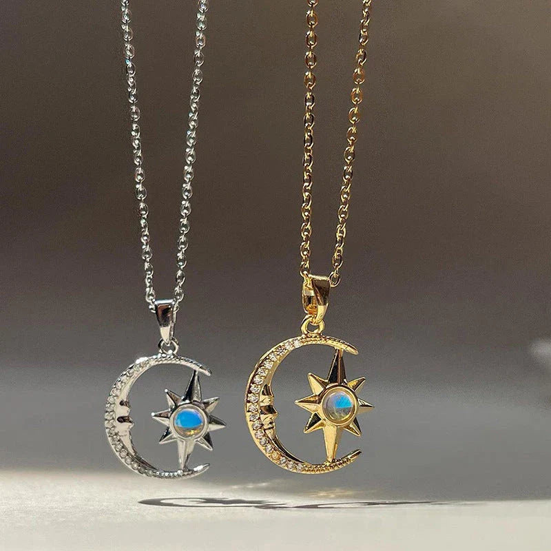 Stunning moon and star zircon pendant necklace in stainless steel with captivating celestial-inspired design