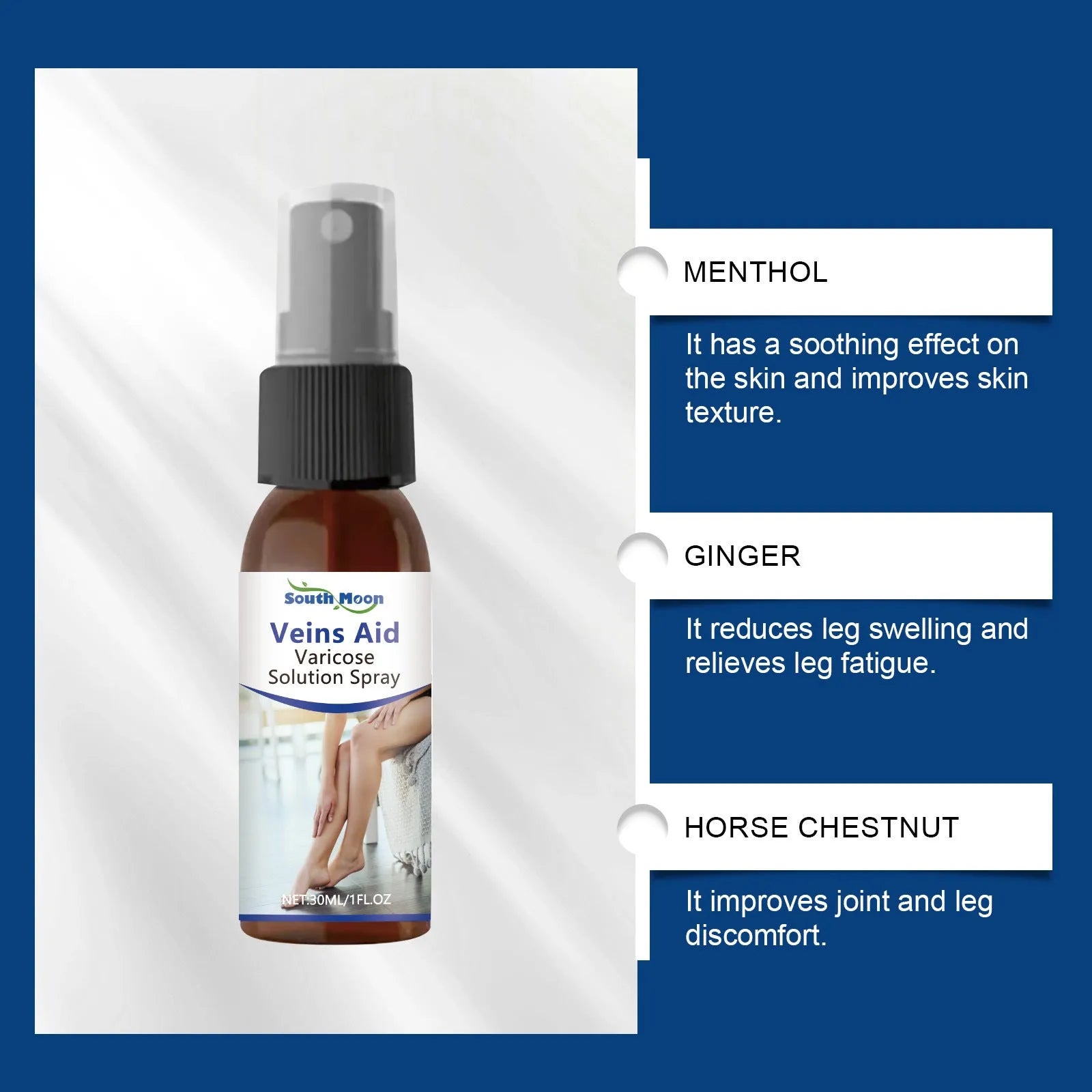 30ml bottle of leg care spray for daily massage with menthol, ginger, and horse chestnut.