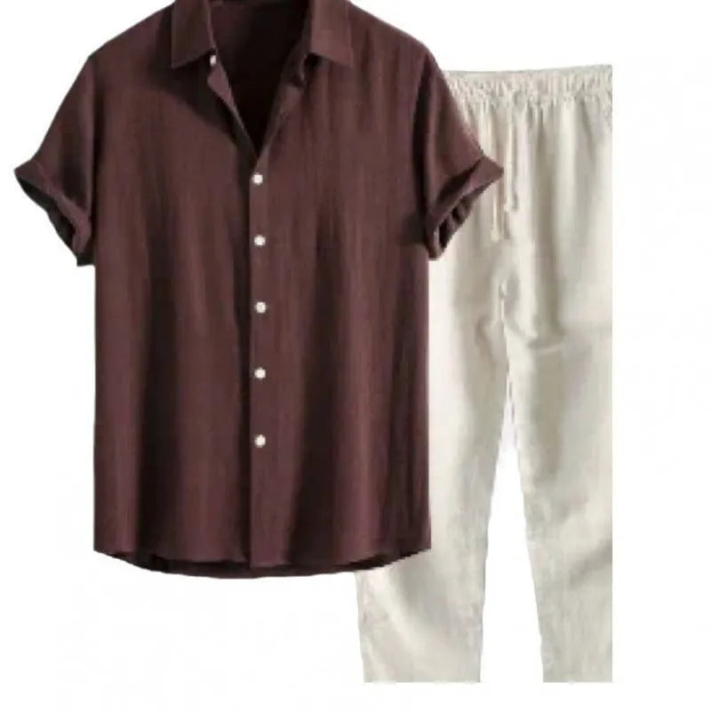 Men's casual linen-style shirt and trousers suit in loose fit with short sleeves