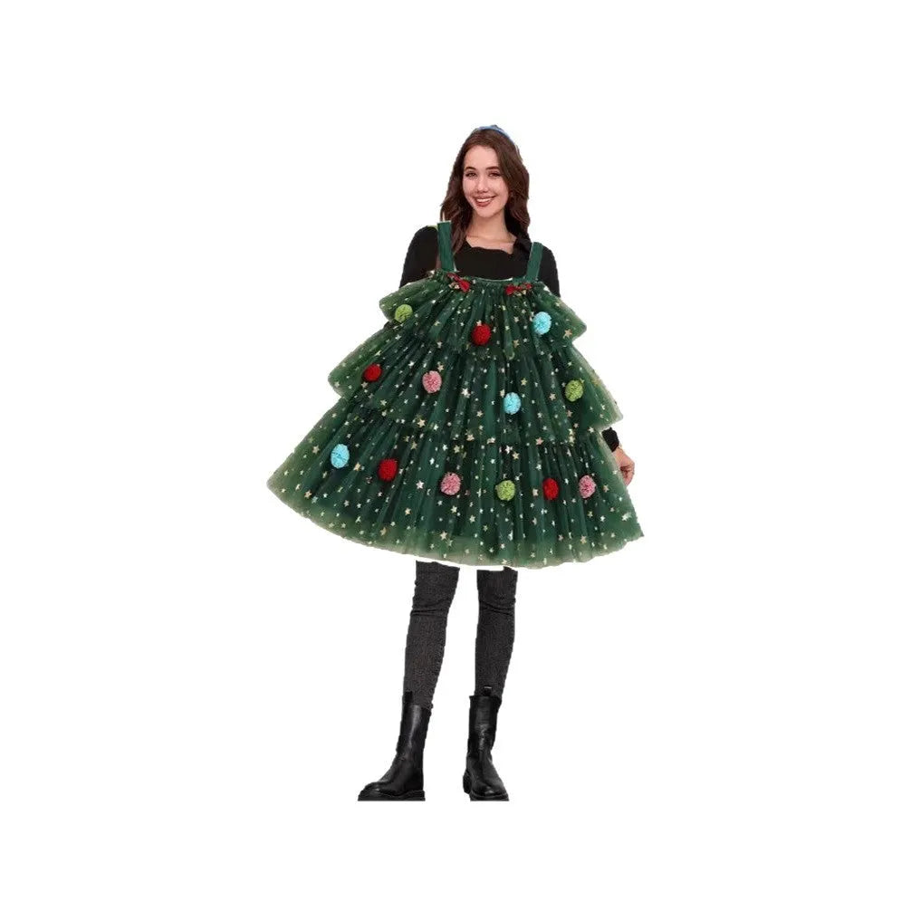 Green mesh polka dot Christmas dress with multi-layer tiered skirt and sleeveless suspender design