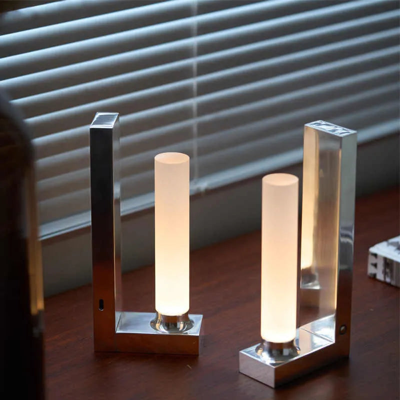 LED table lamp bookend in polished aluminium wood colour, 260mm tall, with acrylic and aluminium body and Type-C charging