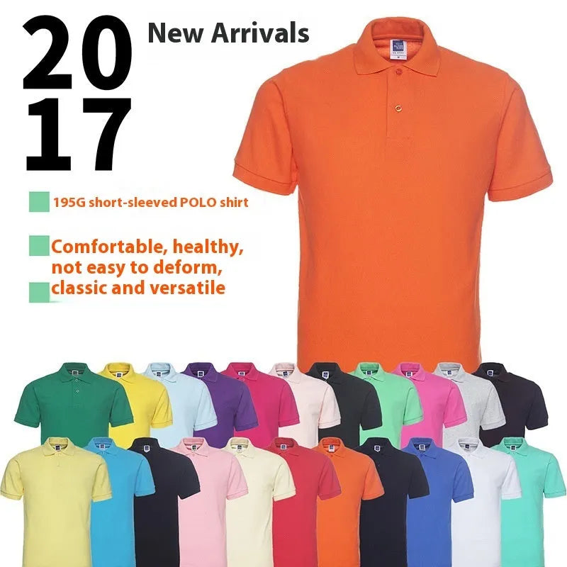 Men's solid colour short sleeve polo shirt on a hanger, showing loose fit and cotton blend fabric.