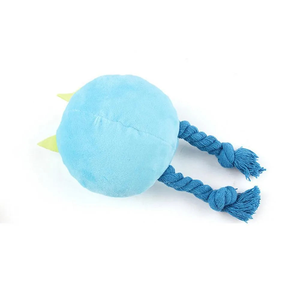 Blue cartoon-shaped dog squeaky toy with knotted cotton rope construction