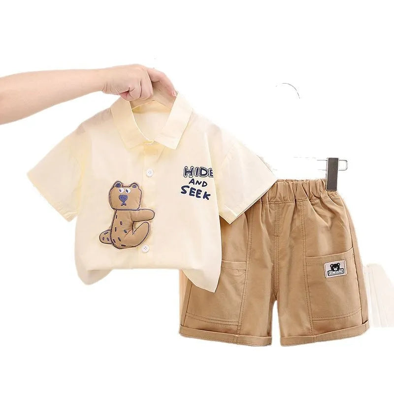 Boys cotton short sleeve shirt suit set in solid colour with matching pants for height 80-120cm