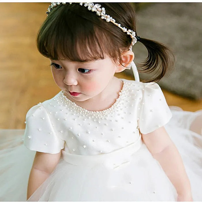 White polyester baby full-year banquet dress with bubble skirt, suitable for heights 80cm to 140cm