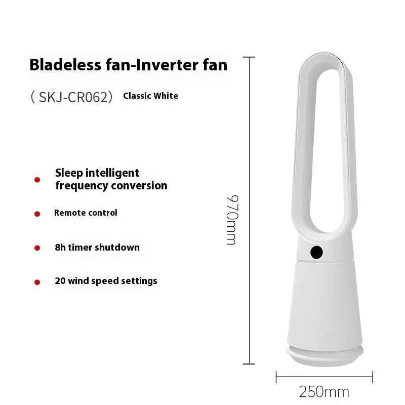 White bladeless tower floor fan with remote control and touch screen display on a wooden floor.