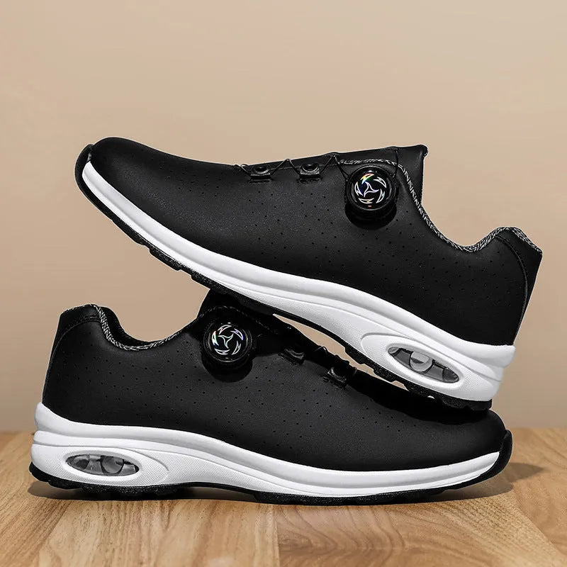 Men's black and white low-top casual tennis shoes with mesh upper and cross shoulder straps
