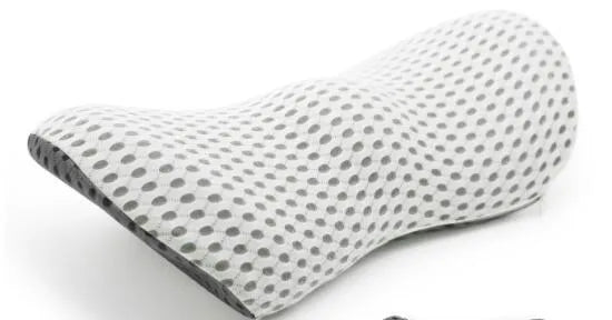 Memory foam lumbar support cushion with a grey 4D mesh cover on an office chair.