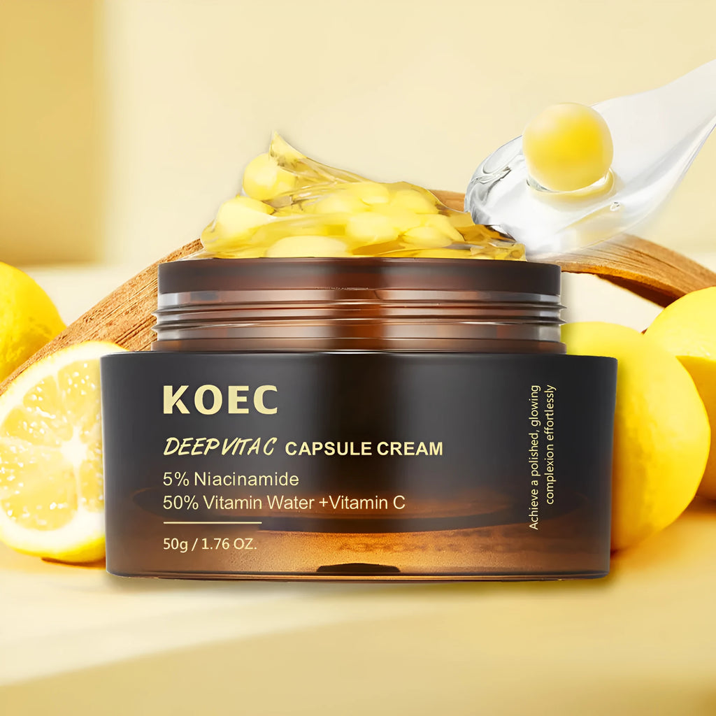KOEC Collagen Facial Skin Care Cream in a white jar with red and white label, featuring Vitamin C Filling Cream specification.