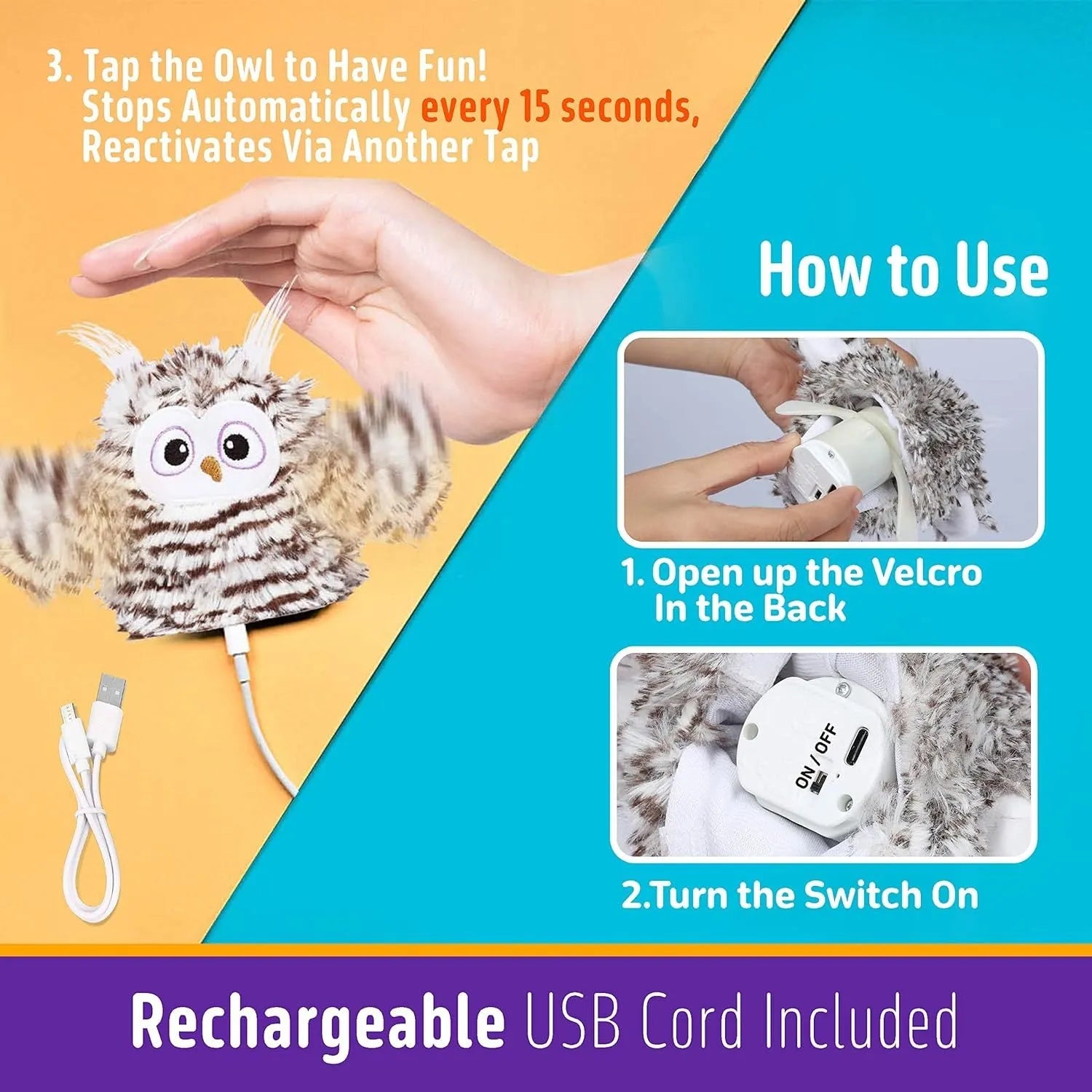 Gray automatic owl cat toy with beating wings on USB charger