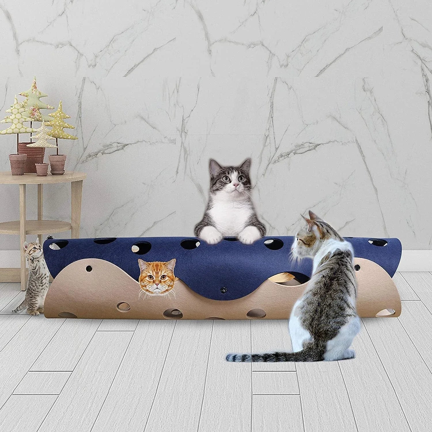 Cozy felt cat tunnel with peepholes, providing interactive playtime and a comfortable hideaway for cats