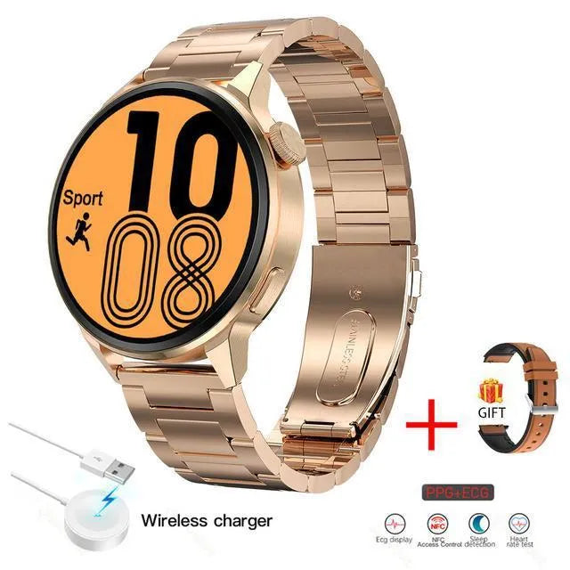 Smartwatch with 1.36in HD colour screen, Bluetooth calling, wireless charging, IP68 waterproof, 44x11mm case, 20mm strap, Black Gold Silver