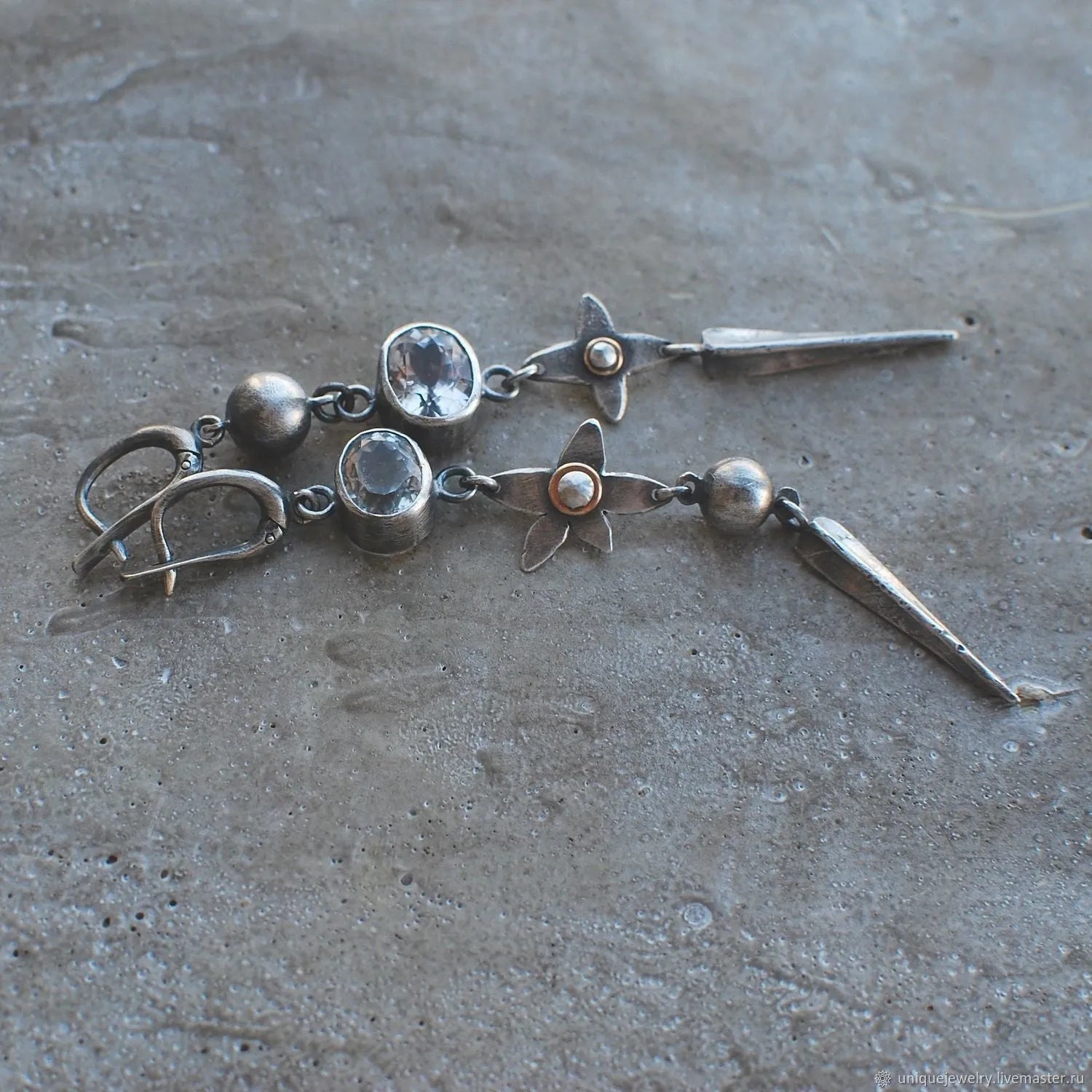 Geometric XINGX pendant earrings in antique silver finish with long drop design