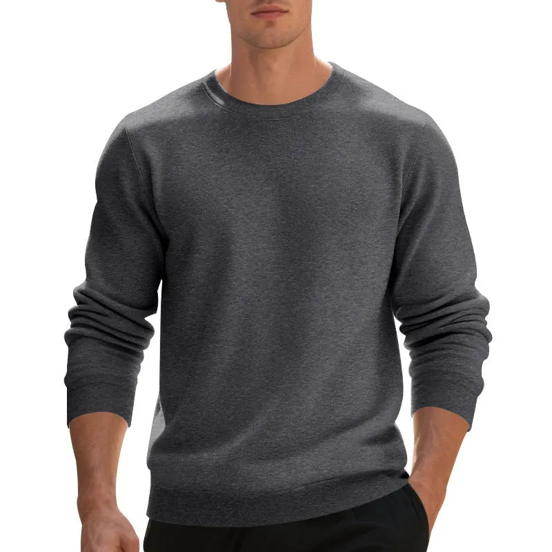 Men's fleece-lined crew neck sweater in black, loose fit, long sleeves, pullover style