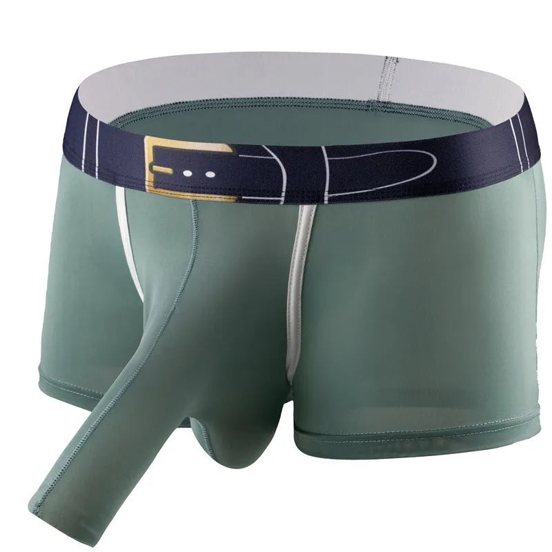 Men's solid colour ice silk boxer shorts in gray, shown laid flat.
