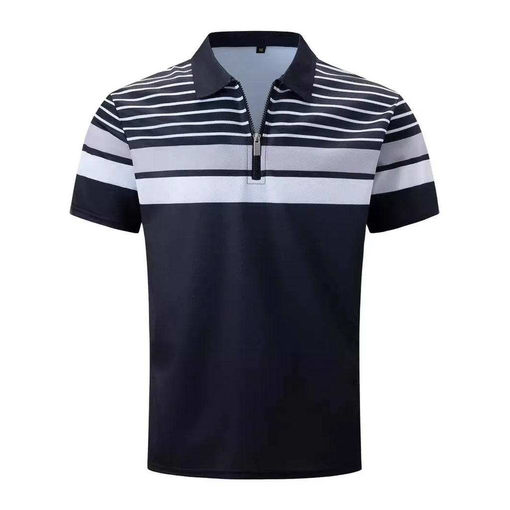Men's black striped short sleeve T-shirt with loose fit, polyester fabric, front view