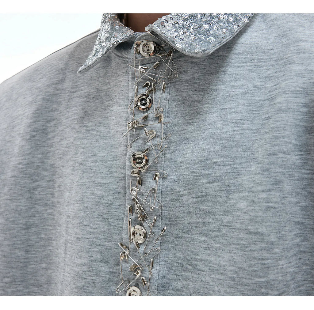 Women's black loose-fit sequined square neck short sleeved shirt with metal decoration