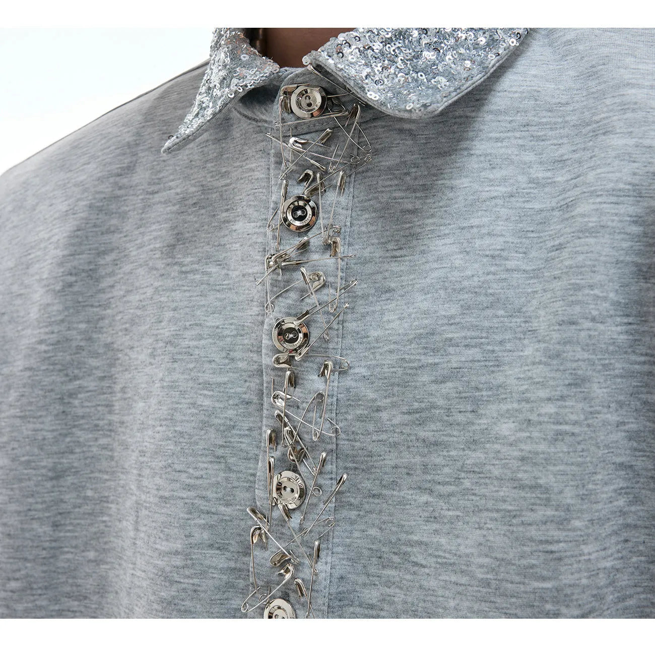 Women's black loose-fit sequined square neck short sleeved shirt with metal decoration