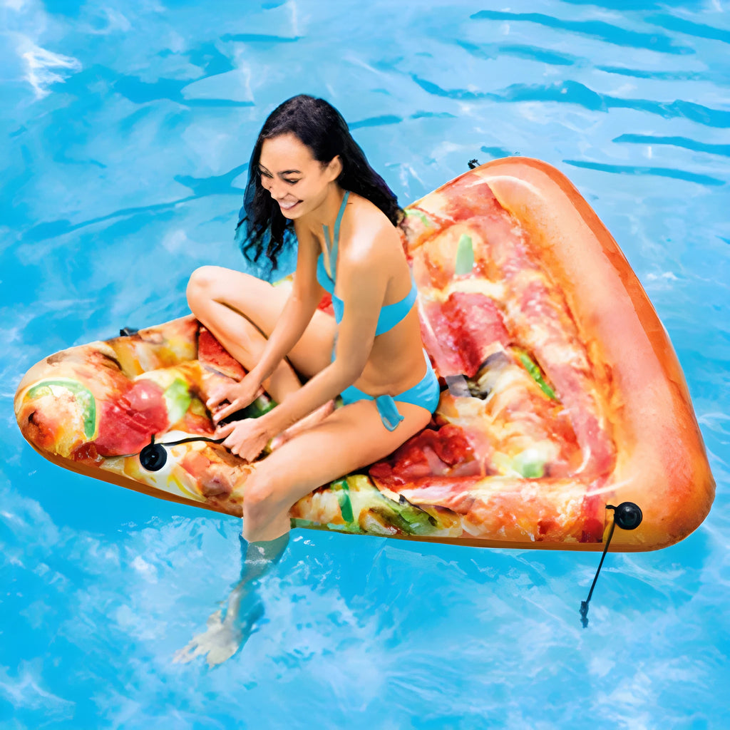 Pizza-themed inflatable surfboard float measuring 175cm by 145cm for pool and beach water recreation