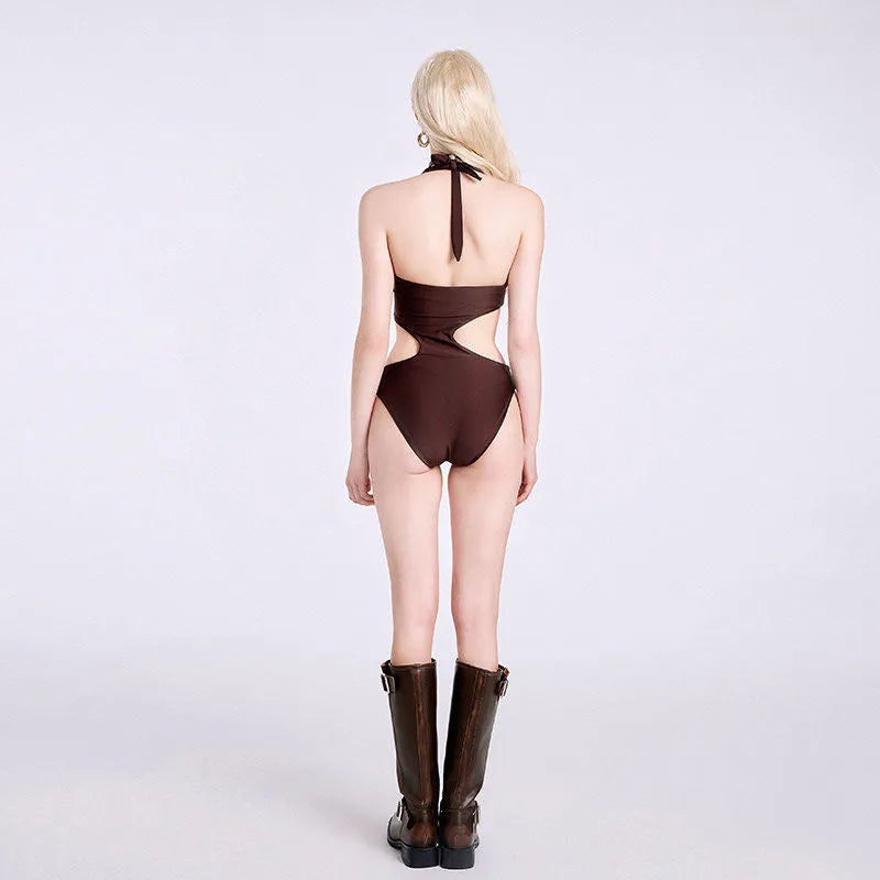 Dark brown children's one-piece swimsuit with sleeveless design