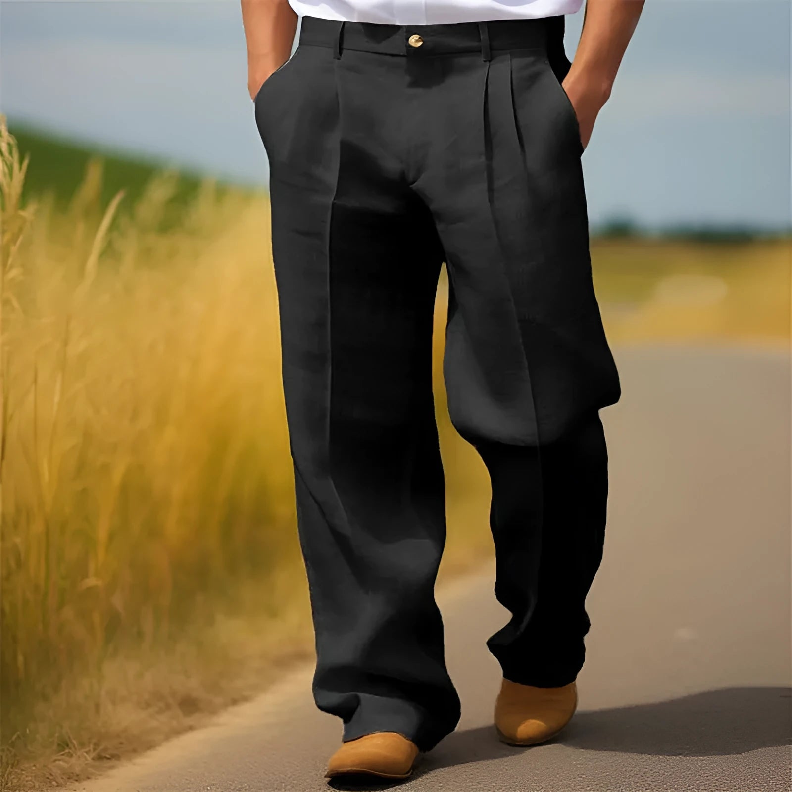 Men's straight-leg casual trousers in a linen blend fabric, shown in a solid colour with a zip fly.