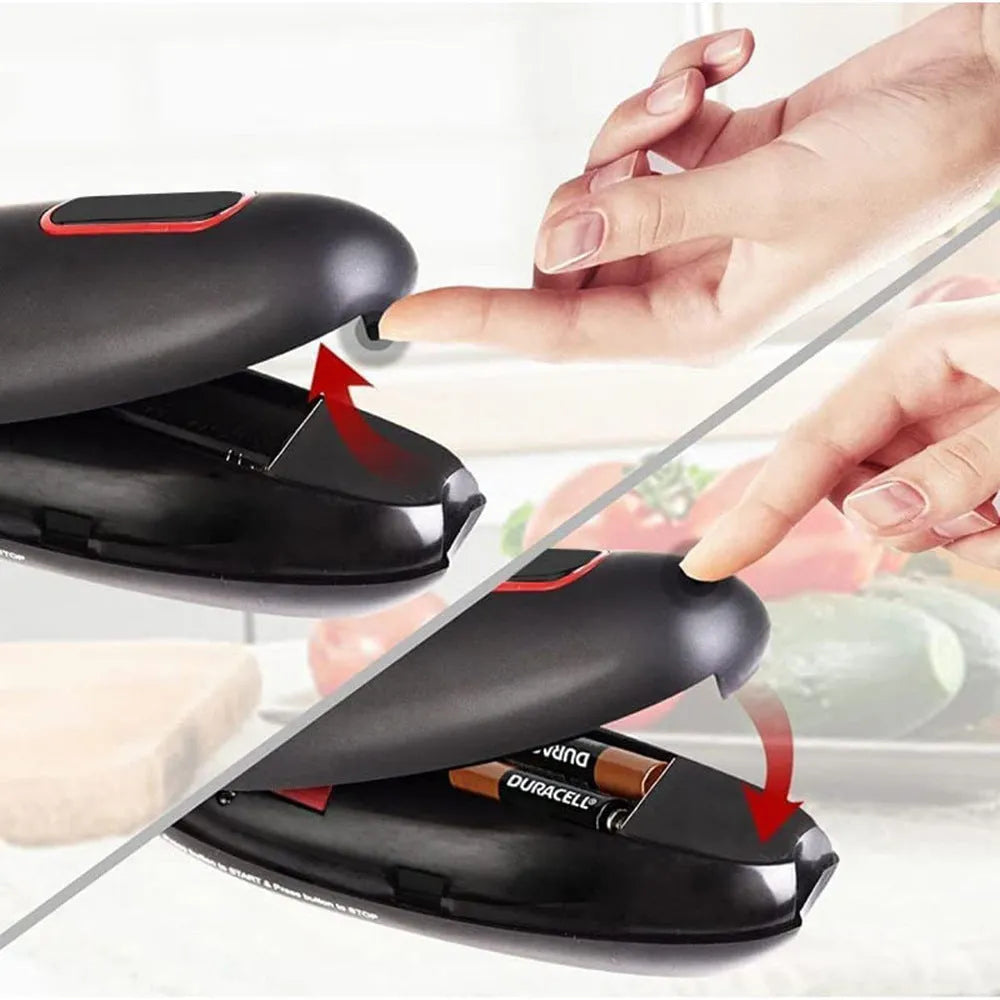 Black plastic electric can opener with battery compartment and cutting mechanism