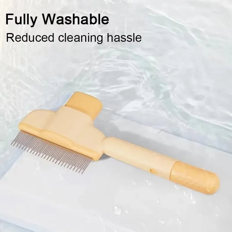 Green and yellow pet grooming brush for dogs with one-click hair removal feature