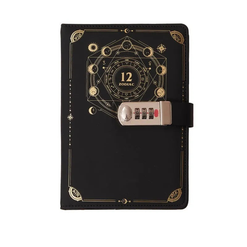 A5 password book diary with fingerprint lock, imitation leather hard cover, open to show 100 pages