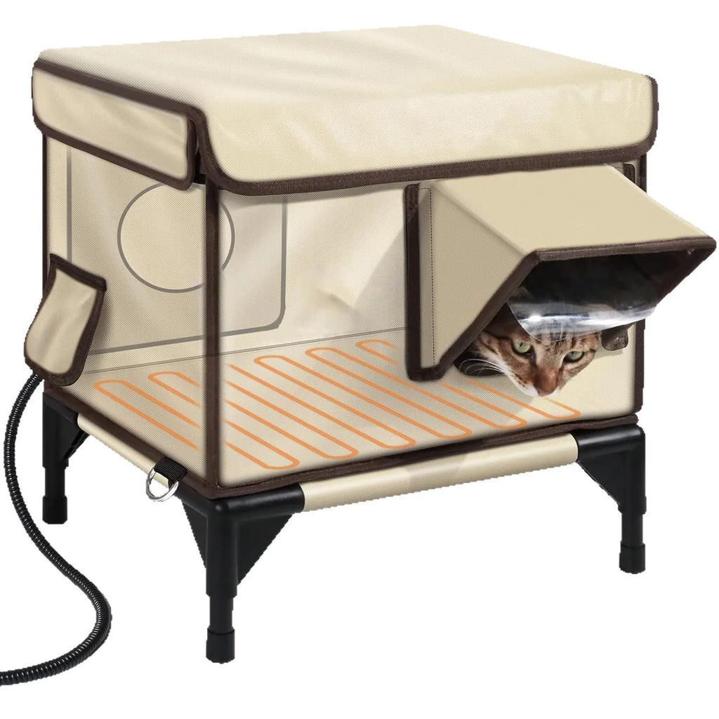 Outdoor beige Oxford cloth cat house on PVC frame, raised off ground, sizes M and S