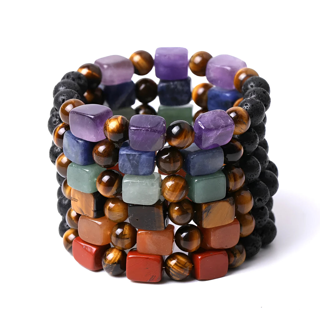 Rectangular amethyst and volcanic stone bead bracelet in geometric shape on a background.