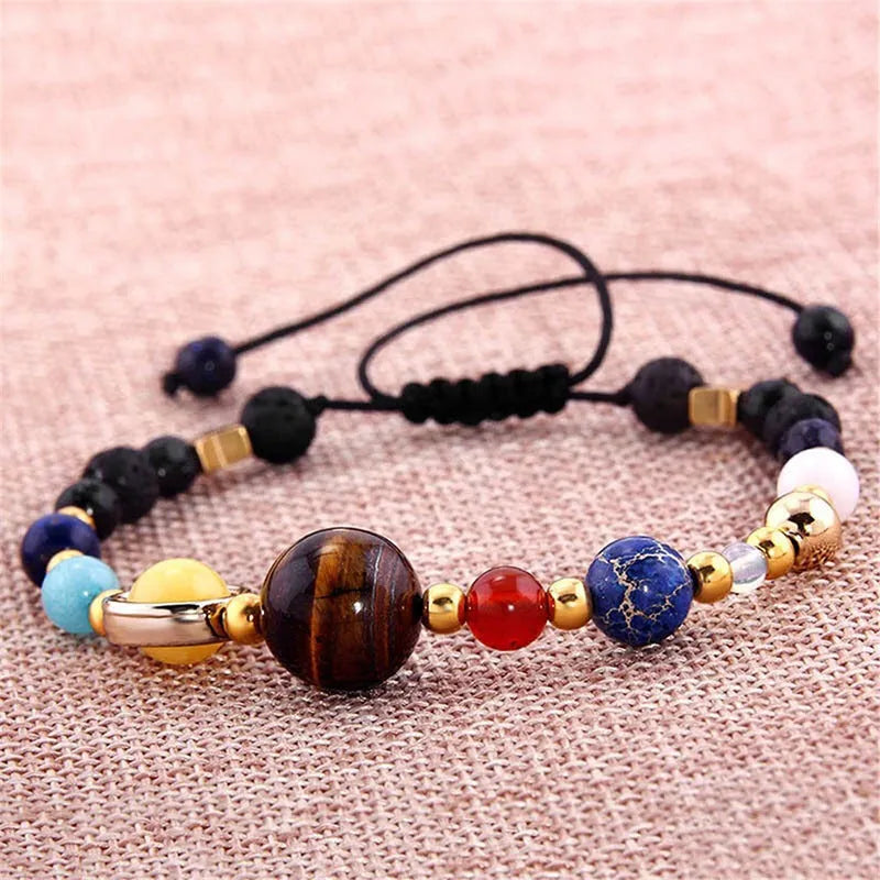 Eight planets natural stone bead bracelet with lapis lazuli, aquamarine, labradorite, tiger eye and red agate on wax rope or elastic string.