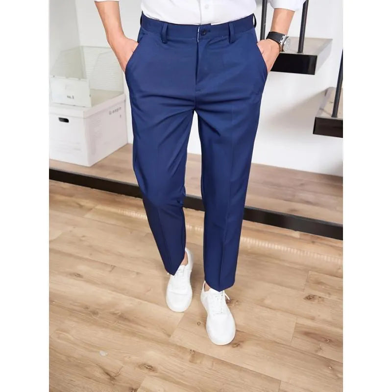 Men's straight high-waisted black casual pants in bamboo blend fabric, elastic waist, cropped leg