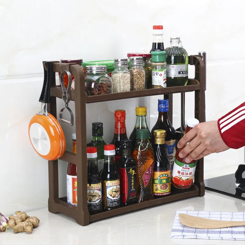 Foldable multilayer kitchen storage rack in PP plastic showing dimensions and colour options