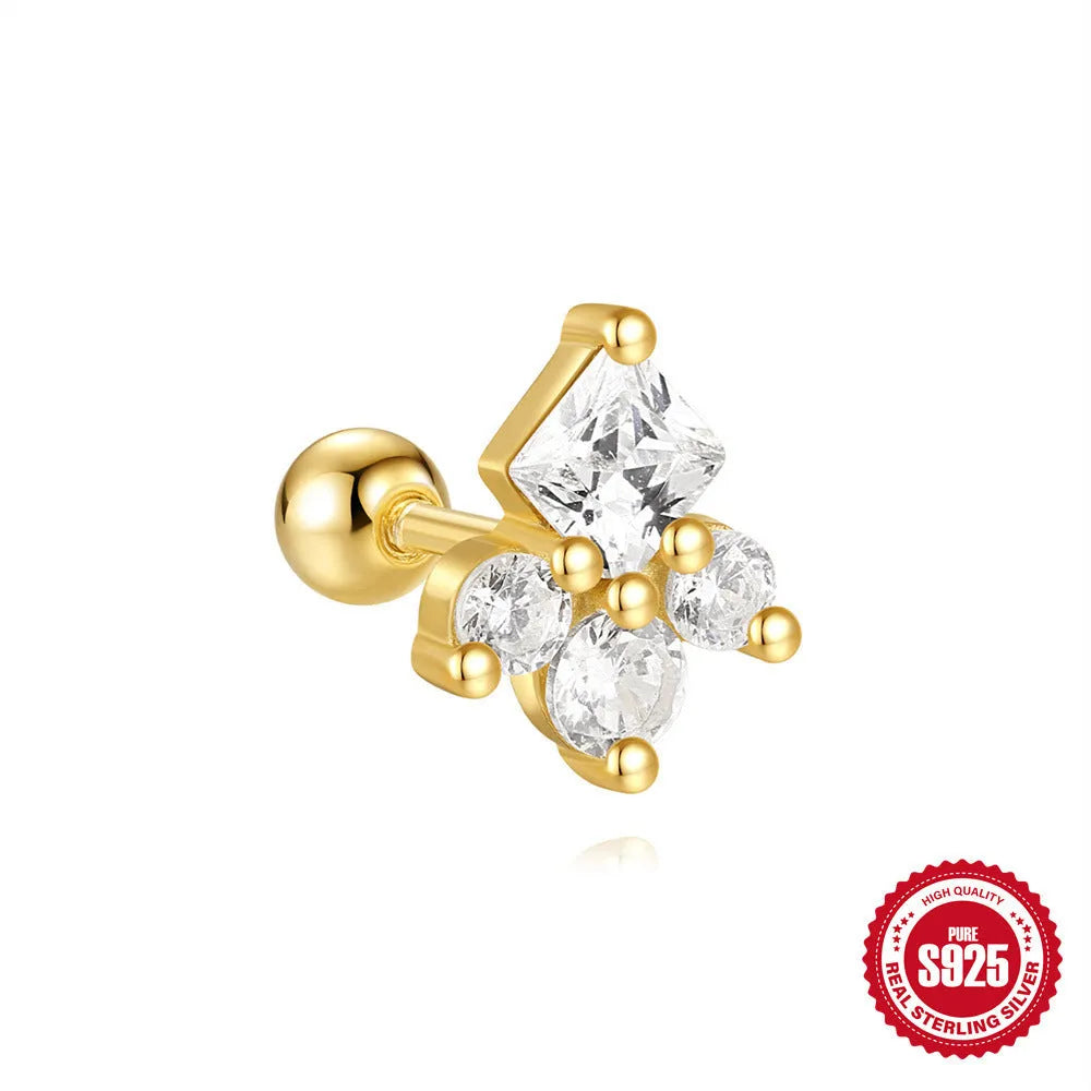 Sterling silver ear studs with square gravel texture on flower shape in golden electroplated finish