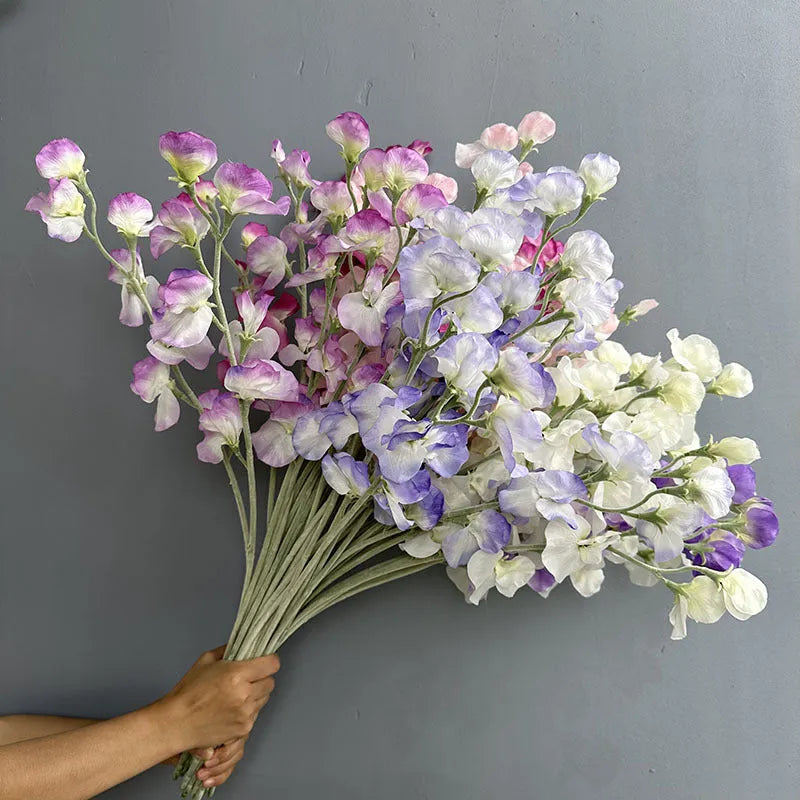 Purple flocking fragrant pea fake flower silk stem 63cm tall for wedding decor and photography props