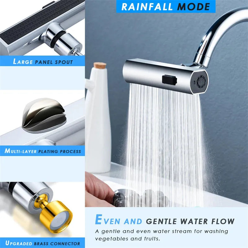 Brushed nickel kitchen faucet connector with pull-down sprayer, showing waterfall water flow mode.