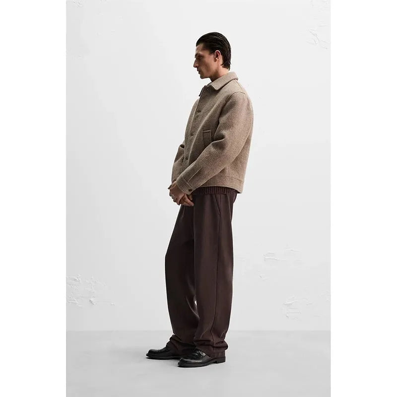 Men's taupe loose wool woven lapel long sleeve casual jacket coat single-breasted front view