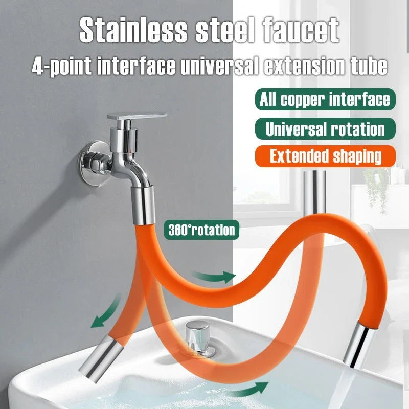 Adjustable faucet extender with 360-degree rotation for bathroom sinks, made of durable stainless steel and available in various colors and sizes.