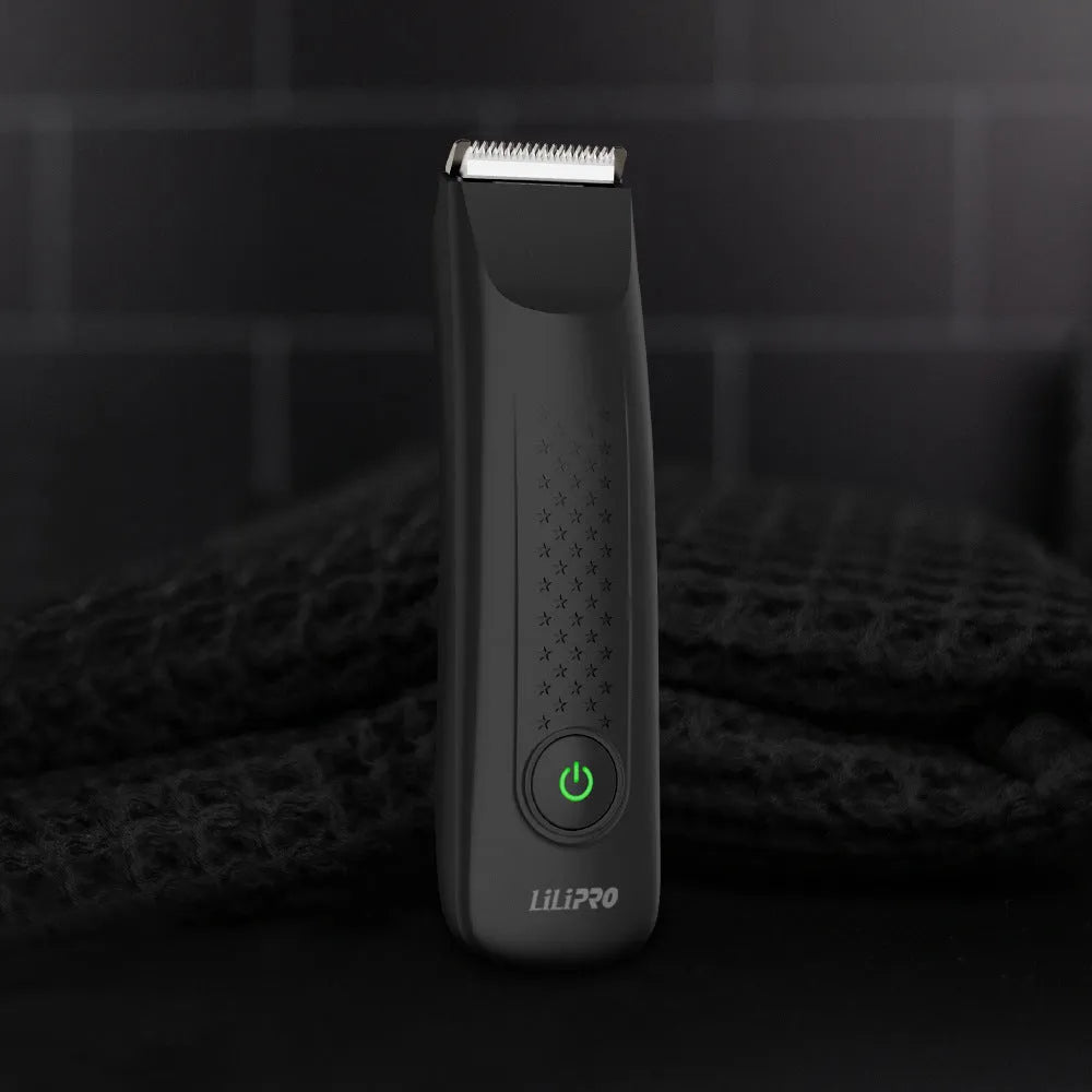 Men's black full-body waterproof electric shaver with ceramic blade and comb attachments